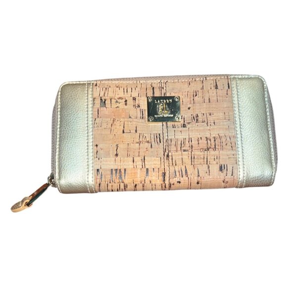 Lauren Ralph Lauren Cork & Gold Zip-Around Wallet With Metal Logo Plaque - Picture 1 of 6
